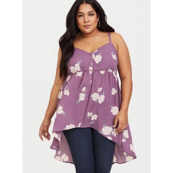 402. Torrid Purple Floral Georgette Babydoll button detail tunic size 2 (2x) - Picture 2 of 12